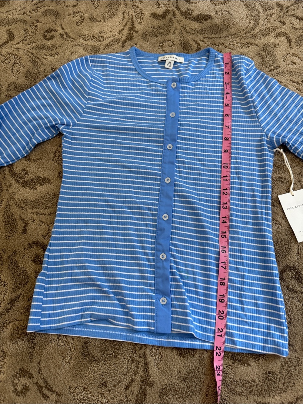 Striped Crewneck Button-Up Top in Light Blue - Picture 4 of 6